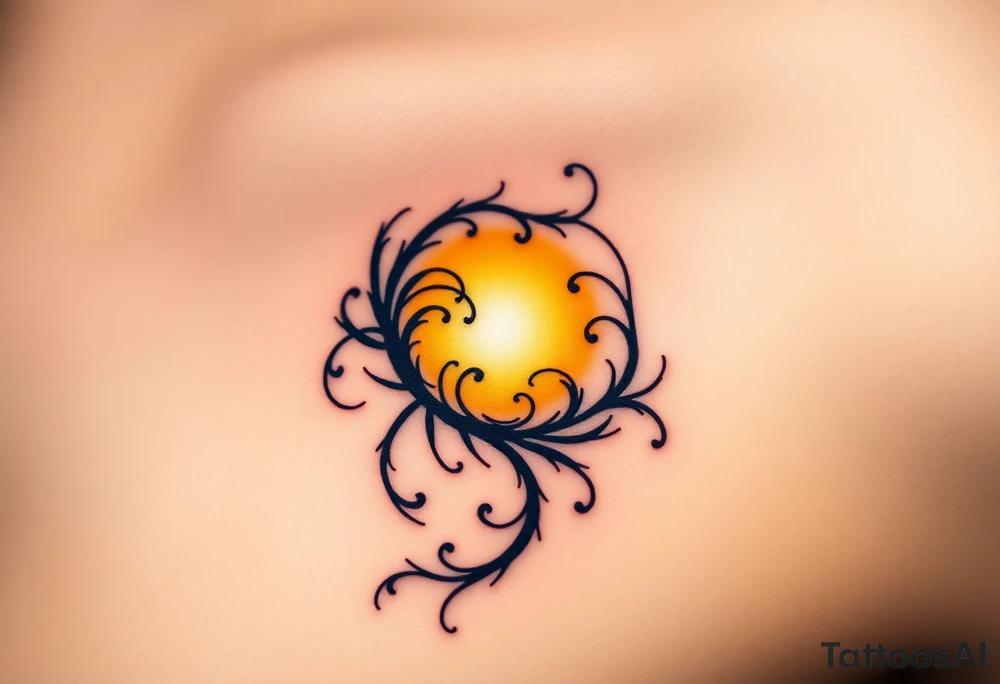 A soft golden light contrasting with shadowy black tendrils representing a battle between inner purity and external corruption. The light is depicted in radiant yellows, while the dark side uses deep blues and blacks. tattoo idea