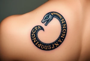 An obsidian black Ouroboros snake forming cyrcle with golden runes carved into its scales, creating a mystical, ancient feel. tattoo idea