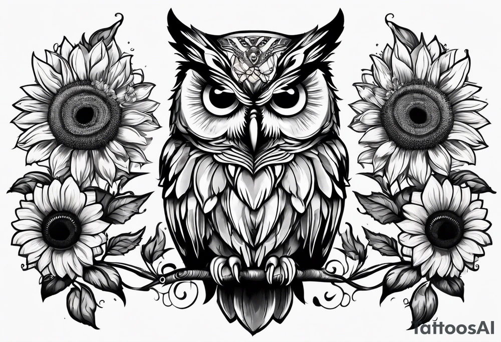 Owl surrounded with sunflowers and one butterfly tattoo idea