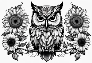 Owl surrounded with sunflowers and one butterfly tattoo idea