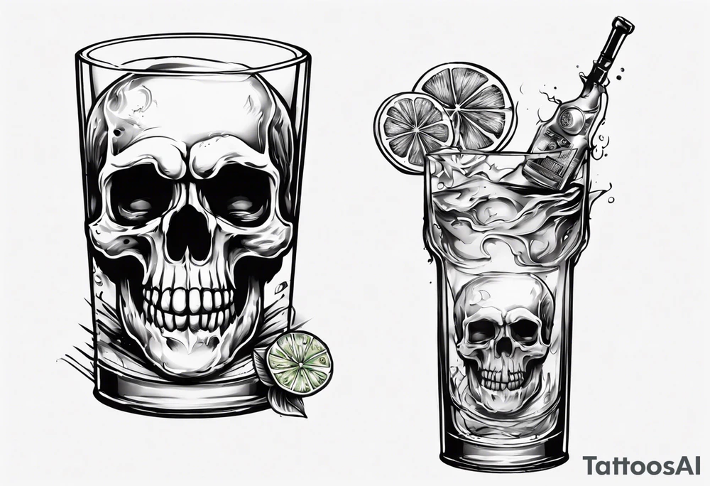 A scull in the glass with alcohol and piece of lime tattoo idea