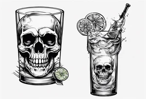A scull in the glass with alcohol and piece of lime tattoo idea