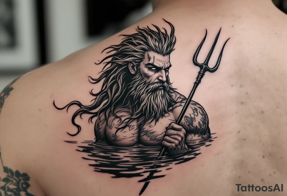 fit poseidon, with trident, in calm water, looking at the horizon tattoo idea
