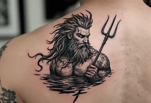 fit poseidon, with trident, in calm water, looking at the horizon tattoo idea