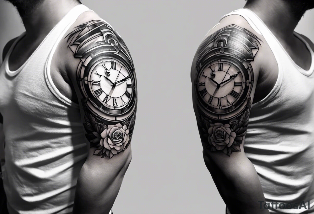 Dessine-moi un tattoo représentant une horloge intégrée à un sablier . En second plan on retrouve des chiffres romains. Le tatouage et noir et blanc et se porte sur l'épaule gauche tattoo idea