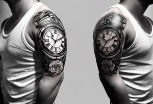 Dessine-moi un tattoo représentant une horloge intégrée à un sablier . En second plan on retrouve des chiffres romains. Le tatouage et noir et blanc et se porte sur l'épaule gauche tattoo idea