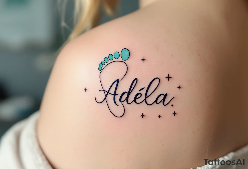 Mint green and pale lavender footprints with name Adéla, surrounded by small stars that reflect her shining future. tattoo idea