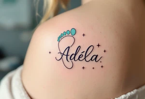 Mint green and pale lavender footprints with name Adéla, surrounded by small stars that reflect her shining future. tattoo idea