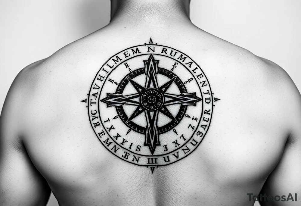 satanic cross and ancient runes with Latin words on back of hand in a circle format tattoo idea