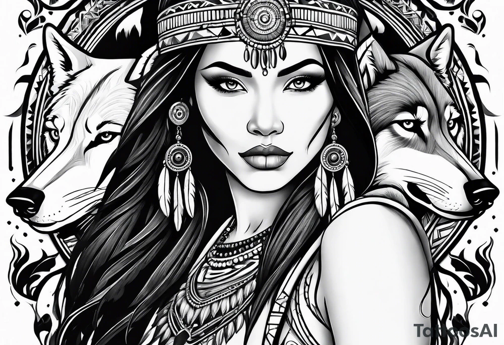 Native American woman with a wolf tattoo idea