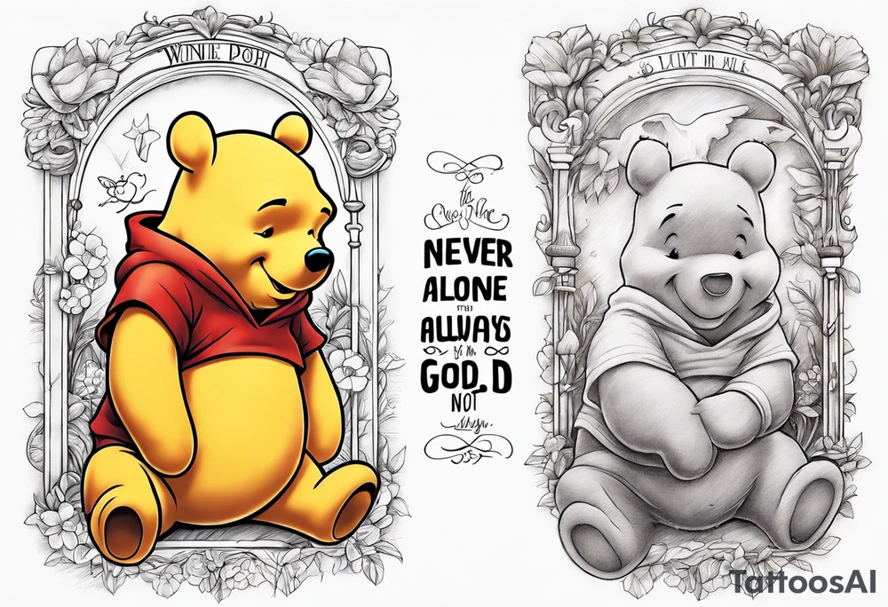 Winnie the Pooh with the words “ never alone always lonely, Always have faith but not in god” tattoo idea