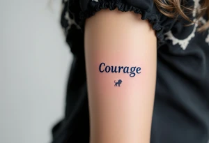 “Courage” in bold navy blue, paired with a simple lion silhouette in soft gray. tattoo idea