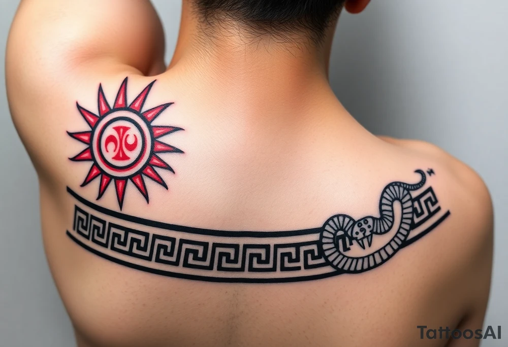Black and red neo-tribal Greek meander tattoo band, forearm wrap-around design. Left: red tribal sun with spikes, abstract running figures. Right: black moon with dotwork, ouroboros snake. Symbols integrated into sharp geometric meander pattern. Clean line art, no background tattoo idea