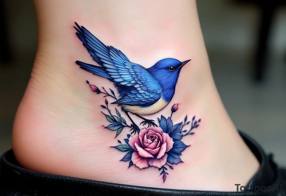 Blue bird with thick floral at the bottom tattoo idea