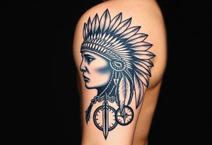 Indian headdress in the sun a compass and a clock and arrowhead tattoo idea