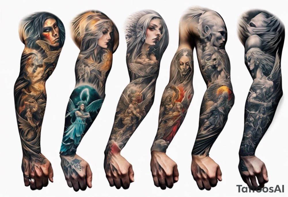 Full arm sleeves with 3 warrior angels on it tattoo idea