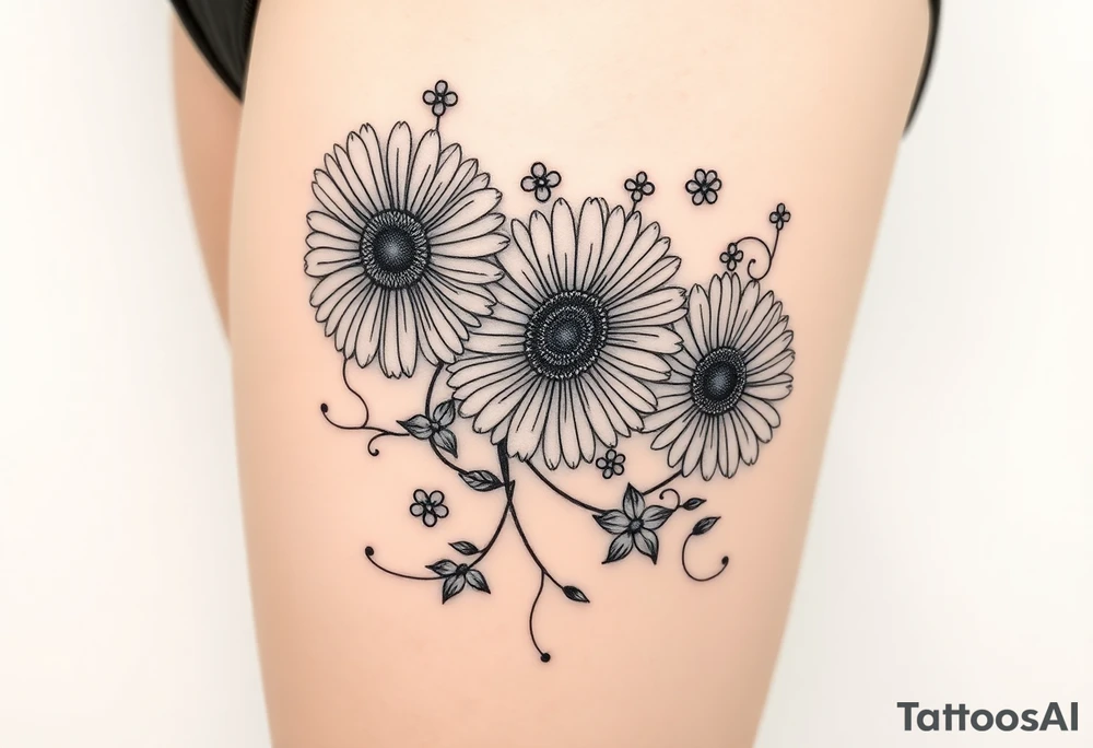 Fine line flower tattoo with three gerbera daisies along with smaller regular daisies and maybe other flowers or vines. Mix in a Celtic Serch Bythol symbol somehow and some fine line swirls, tendrils, or spirals as needed tattoo idea