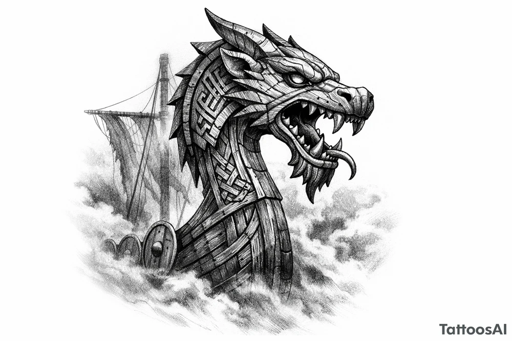Close-up of a Viking longship's dragon head prow emerging from fog. tattoo idea