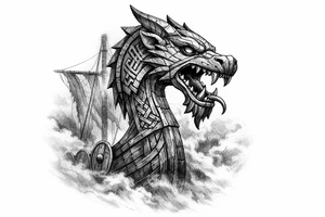 Close-up of a Viking longship's dragon head prow emerging from fog. tattoo idea