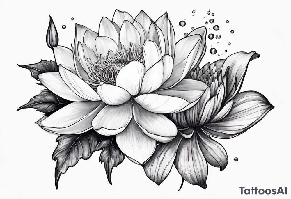 Larkspur and water lily with stems tied with ribbon tattoo idea