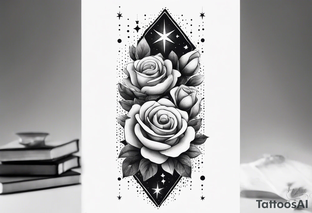 Vertically elongated tesseract with small roses and stars around it tattoo idea