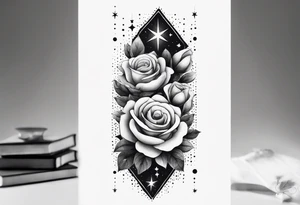Vertically elongated tesseract with small roses and stars around it tattoo idea