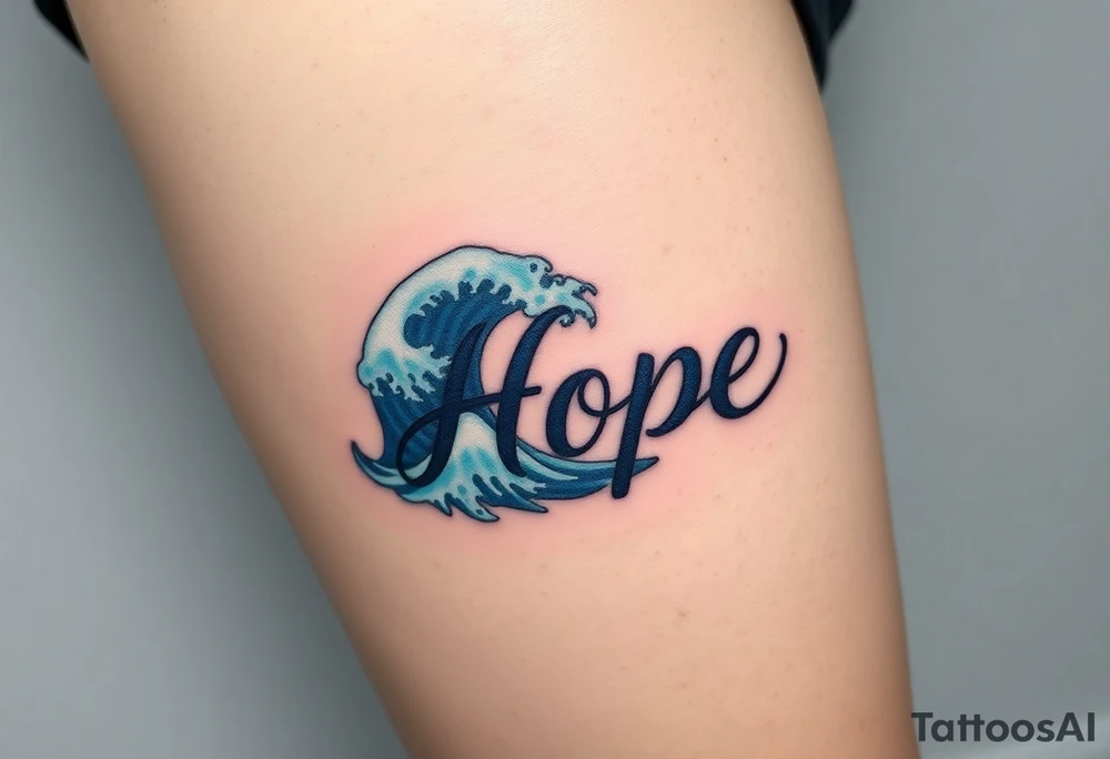 A gentle ocean wave curling around the word "Hope", in deep blues and soft seafoam hues tattoo idea