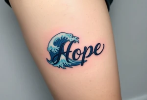A gentle ocean wave curling around the word "Hope", in deep blues and soft seafoam hues tattoo idea