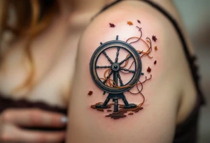 A tattoo of an old spinning wheel in motion, with threads flying, made of aged elm wood, paired with autumn-colored yarn scraps caught mid-air. tattoo idea