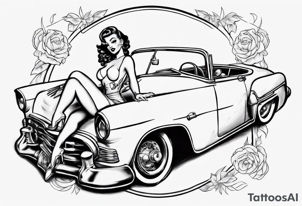 pinup doll laying on the hood of a classic vintage car tattoo idea