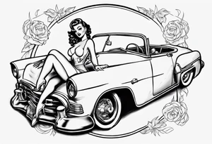 pinup doll laying on the hood of a classic vintage car tattoo idea