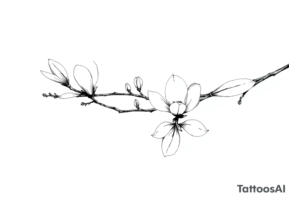 Magnolia branch long with different small half opened flowers, botanical details tattoo idea
