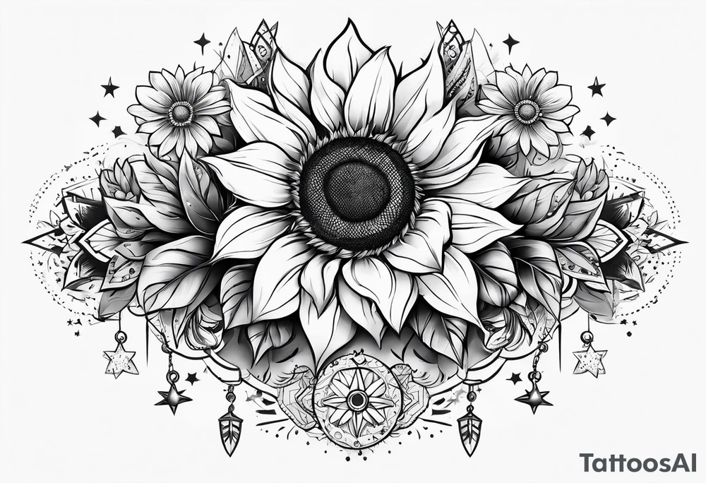 elegant tattoo design with sunflower surrounded by circle of little stars and arrow tattoo idea