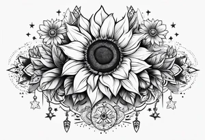elegant tattoo design with sunflower surrounded by circle of little stars and arrow tattoo idea