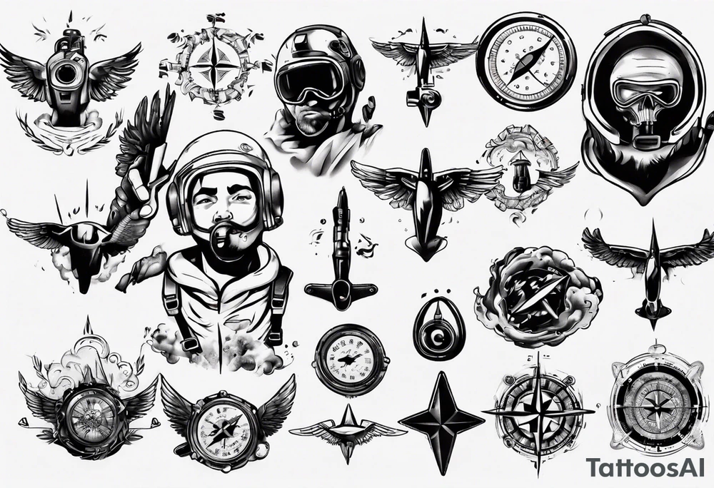 skydiving, shooting guns, compass, adventure tattoo idea