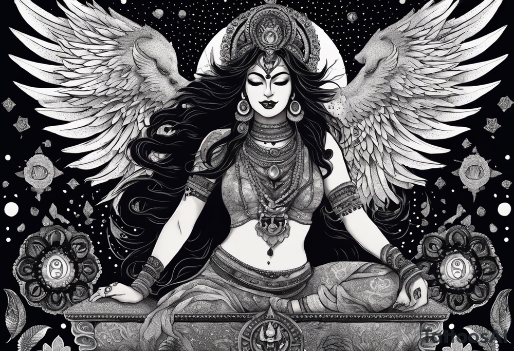 black kali, goddess pirate, alien, angel, pachamama, valkrye, warrior, flying, skull, lotus azul, wing, eagle, zenza resonance, stars, 5D, anahata chakra, death, durga, riding on a tiger, flying lady, kundalini, chest tatoo, samuri, rebel,serpent tattoo idea