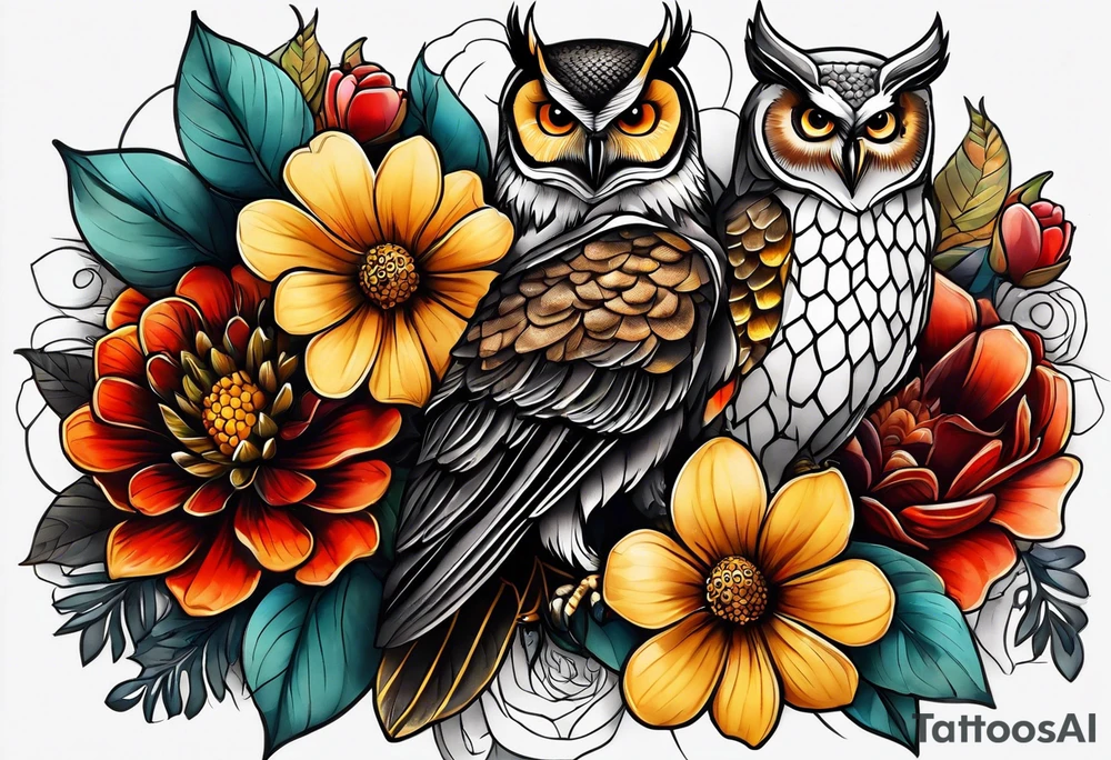 A lower forearm sleeve full colour coming down from a bicep with flowers joined with honeycombs, Mandela flowers, and owl, bees, pinecone, lady bugs. tattoo idea