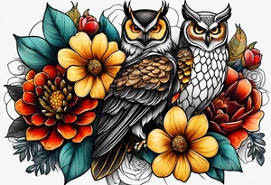 A lower forearm sleeve full colour coming down from a bicep with flowers joined with honeycombs, Mandela flowers, and owl, bees, pinecone, lady bugs. tattoo idea