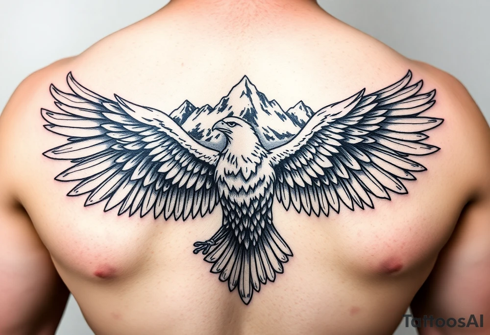 majestic eagle spreading wings against mountain peaks tattoo idea