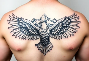 majestic eagle spreading wings against mountain peaks tattoo idea