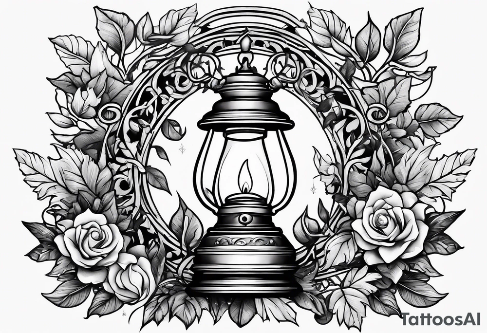 Oil lamp surrounded by leafy vines tattoo idea