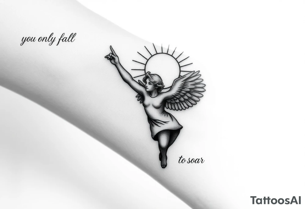 Angel falling with one hand pointed up towards a Greek like sun, with top left saying “you only fall” and the bottom right saying “to soar once again” with the font matching the majesty of the angel and sun. tattoo idea