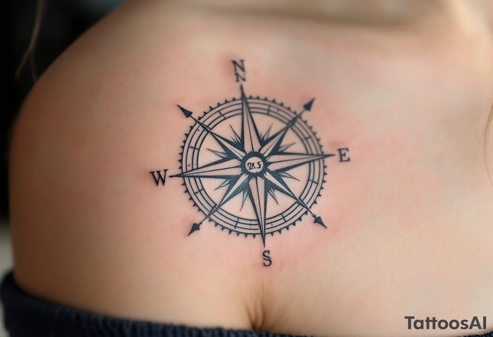 Jakoubek name and date 02. 03. 2021 – A classic blue and gray compass with Jack's birthdate etched in bold, modern font at the center. tattoo idea