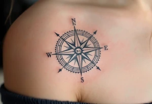 Jakoubek name and date 02. 03. 2021 – A classic blue and gray compass with Jack's birthdate etched in bold, modern font at the center. tattoo idea