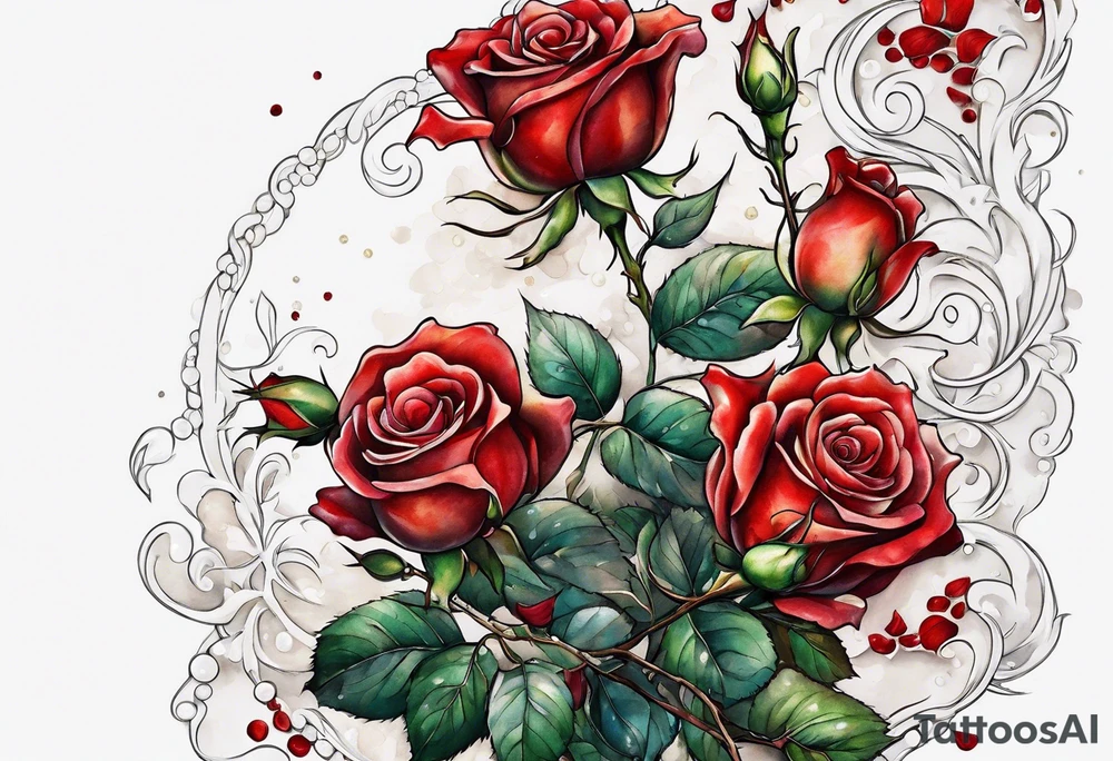Red roses with pearls hanging tattoo idea