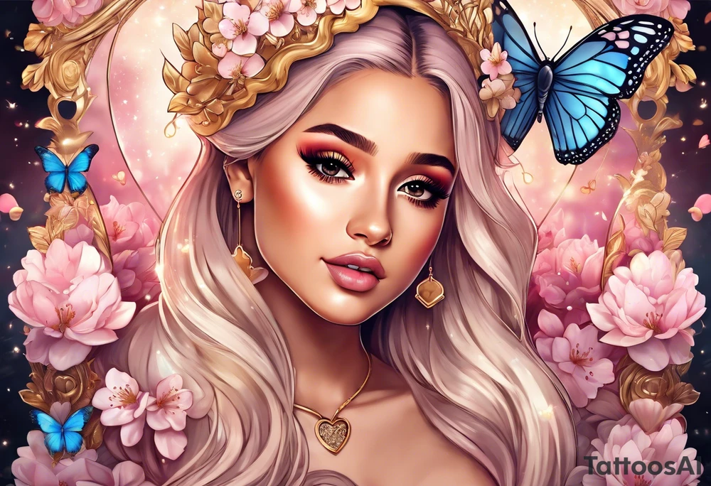 Ariana Grande with blonde hair surrounded in a golden aura with white butterflies and cherry blossoms holding a key that unlocks a heart tattoo idea