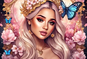 Ariana Grande with blonde hair surrounded in a golden aura with white butterflies and cherry blossoms holding a key that unlocks a heart tattoo idea