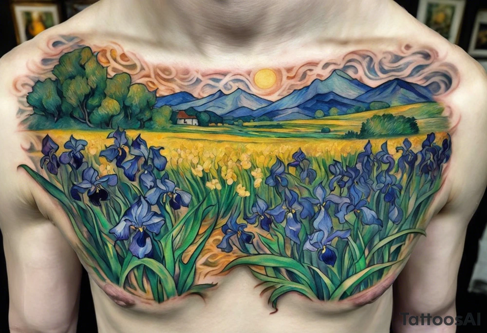Create a colorful Vincent van Gogh's Irises tattoo, with vines in Celtic knots gracefully holding mountains. The intended placement is on the upper chest. The overall design should be small in size while maintaining a delicate and artistic aesthetic. Pay attention to the graceful flow of the vines and the placement of the irises to achieve a refined and elegant look. tattoo idea