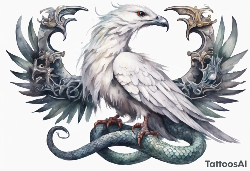 a watercolor of a white bird-serpent hybrid wearing an iron crown, perched upon a stone tattoo idea