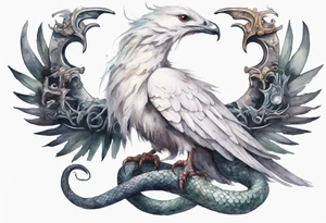 a watercolor of a white bird-serpent hybrid wearing an iron crown, perched upon a stone tattoo idea